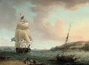 Thomas Whitcombe A crowded flagship of an Admiral of the Blue passing Mount Edgcumbe as she closes into port at Plymouth oil painting on canvas